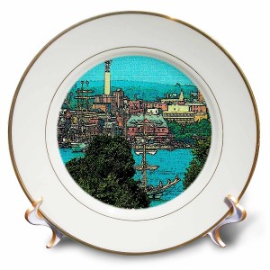 3dRose City of New London Cartoon on Canvas, Porcelain Plate, 8-inch   555482187